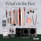 Barillio Rose Gold Bartender Kit - Stainless-Steel Cocktail Shaker Set w/Black Bamboo Stand - Mixology Bar Tools w/Drink Shaker, Mixer, Muddler for Cocktails - Home Bar Accessories - 23-Pc Bar Set