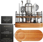 Mixology Bartender Kit - 22Pcs Bar Set Cocktail Shaker Set w Brown Bar Cart Accessories Stand - Shakers Bartending Silver Tools, 24oz Shaker, 17 Recipe Cards, Martini Barware