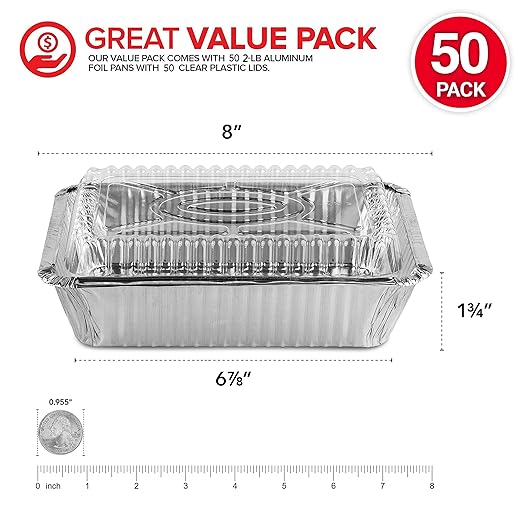 Stock Your Home 2 lb Small Aluminum Pans with Lids (50 Pack), Foil Pans with Clear Plastic Lids, Disposable Cookware & Takeout Trays for Restaurants & Catering