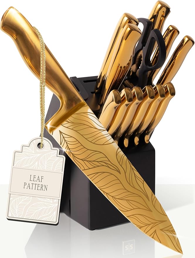 Gold Knife Set For Kitchen -14-Piece Titanium-Coated Blades with Etched Leaves Pattern, Ultra-Sharp Stainless Steel, Durable & Stylish Kitchen Knife Block Set