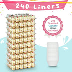 Gencywe (24 Pack x 10 Sets) Stackable Cupcake Carrier Holders with 240 Pack Cupcake Liners, Plastic Cupcake Boxes Holders for 24 Cupcakes, High Tall Dome Lid Cupcake Containers, Clear Cupcake Trays