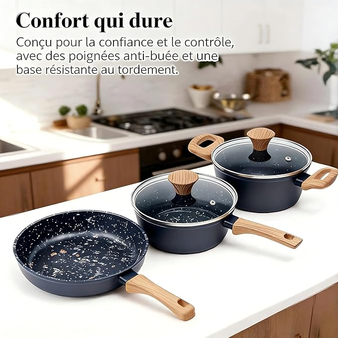 3-Piece Nonstick Cookware Set, 10.25 Inch Frying Pan & 2 Pots with Lids | PFAS & PFOA Free Non-Toxic Coating | Induction Compatible, Dishwasher Safe | Pots and Pans Set for Beginner Kitchen