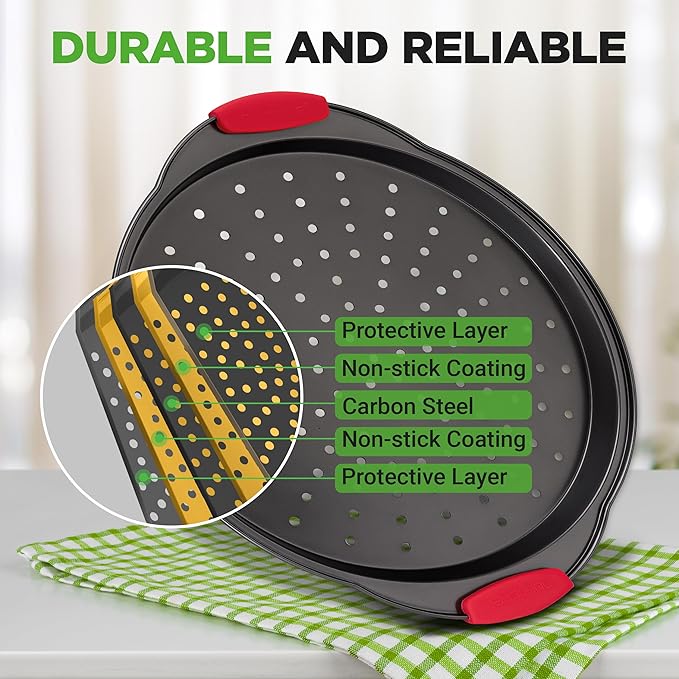 NutriChef 13-Inch Nonstick Pizza Tray - Round Carbon Steel Non-Stick Pizza Pan with Perforated Holes, Premium Bakeware Pizza Screen with Silicone Grip Handles, Dishwasher Safe - NCBPIZ1