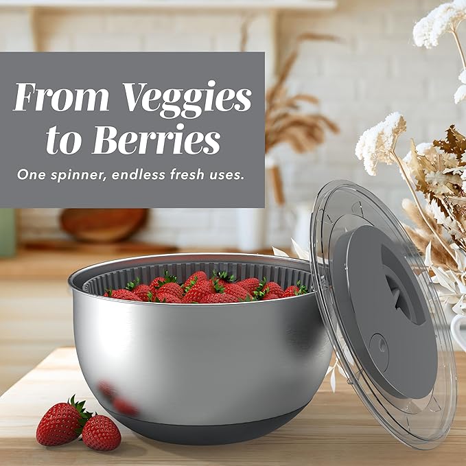 COOK WITH COLOR Stainless Steel Salad Spinner - 5 Qt. Lettuce Washer And Vegetable Spinner Dryer for Easy Salad Prep - Non Slip Base with Pull Handle - Auto Stop Brake System, Stain and Odor Resistant