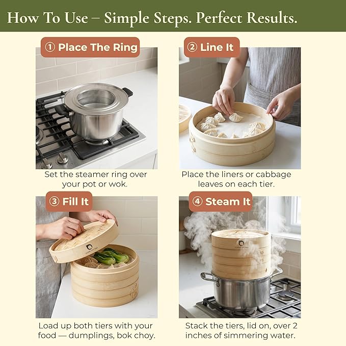HAPPI STUDIO Bamboo Steamer Basket 10 Inch - 2 Tier Dumpling Steamer for Cooking Dim Sum Bao Buns Momo Rice Vegetables - Chinese Basket for Dumplings with Lid - Japanese Steam Baskets