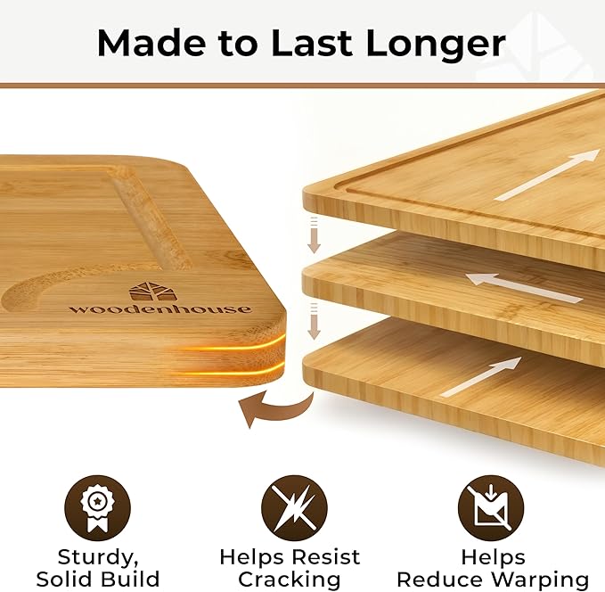 Bamboo Cutting Board Set of 3 - Thick & Durable Wood Cutting Boards with Deep Juice Grooves & Build-in Handles, Large Surface, Easy to Clean – for Meat, Vegetables and Fruits (Set of 3 with Holder)