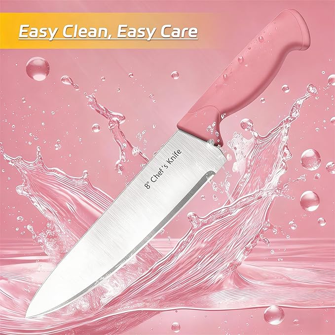 Knife Set, 6-Piece Kitchen Knife Set, German High Carbon Stainless Steel, Durable & Easy Clean Knife Block, Peach Pink