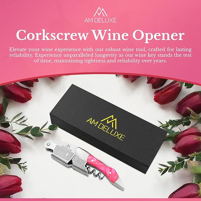 Waiters Corkscrew Wine Opener - Double-Hinged Fulcrum 3-In-1 Cork Screw Wine Bottle Opener Heavy Duty Stainless Steel & Resin Flamingo. Serrated Foil Cutter. Beer Opener. Magnetic Gift Box