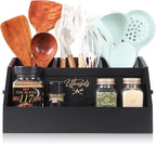 Innovation Kitchen Utensil Holder for Countertop with 4 Compartments, Wood Utensil Organizer for Cooking Tools, Black (Utensil Not Included)