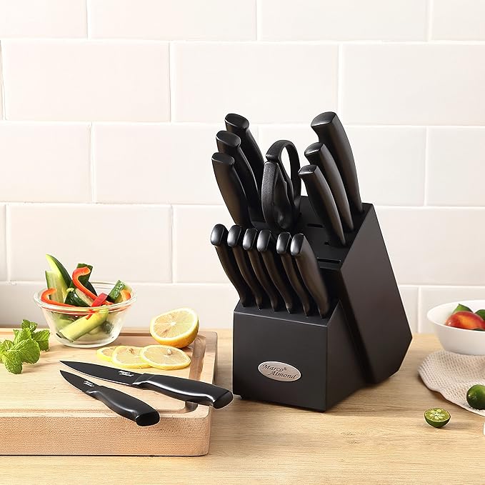 Marco Almond® Kitchen Knife Set with Block and Sharpener MA23, 17 Pieces Knife Block Set Stainless Steel Chef Black Knives Set for Kitchen