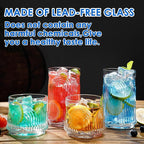 Vintage Drinking Glasses, Art Deco Glassware, Set of 8 Hand-Made Glass Cups-17oz Highball Glasses & 10oz Cocktail Glasses, Ribbed Glassware, Bar Tumbler Set, Kitchen Glass ware