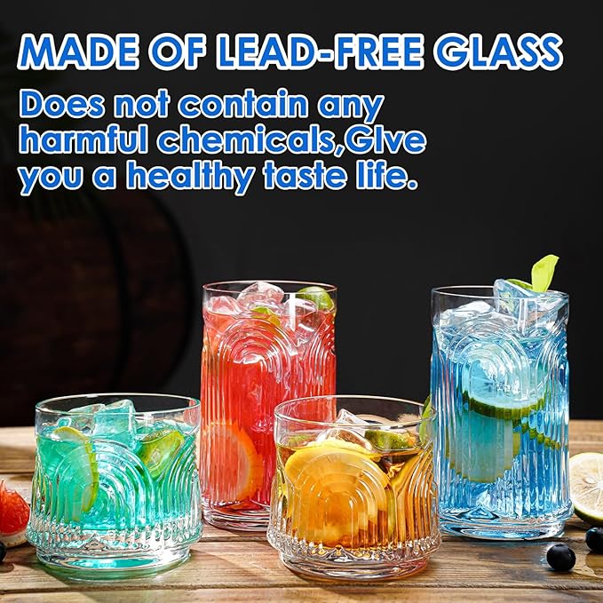 Vintage Drinking Glasses, Art Deco Glassware, Set of 8 Hand-Made Glass Cups-17oz Highball Glasses & 10oz Cocktail Glasses, Ribbed Glassware, Bar Tumbler Set, Kitchen Glass ware