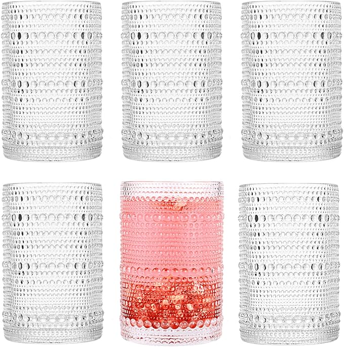Dingerjar Hobnail Drinking Glasses set of 6（13 oz） Hobnail Water KItchen Glassware, Embossed Vintage Juice Glasses Tall Bar Drinkware
