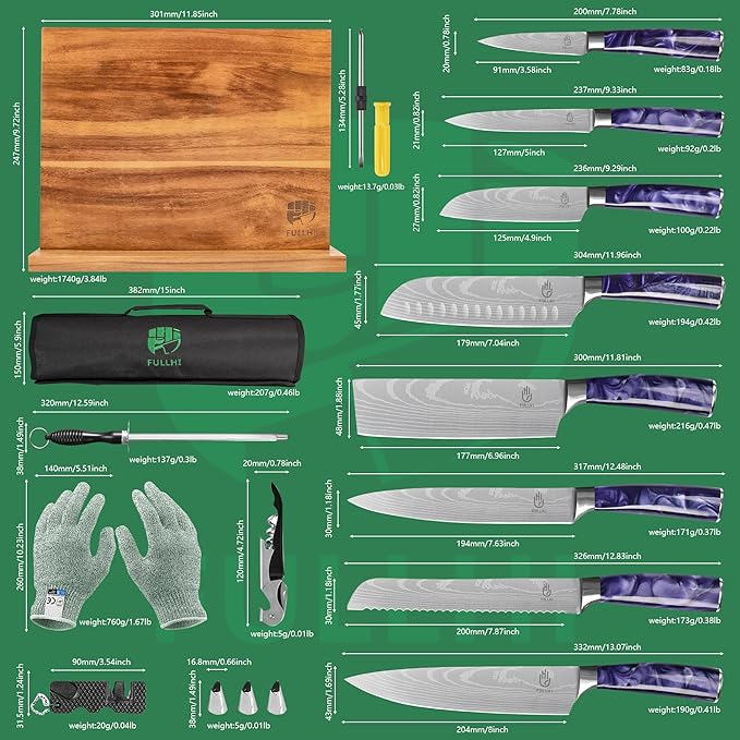 FULLHI Knife Set with Magnetic Knife Block Holder,15pcs Japanese Knives Set, German Stainless Steel chef Knife Set