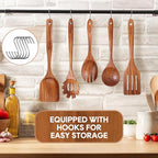 Wooden Spoons for Cooking, 6PCS Teak Wood Cookware Utensil Set with Hooks - Smooth Finish, Non-Stick, Comfortable Grip, Heat Resistant Kitchen Utensils
