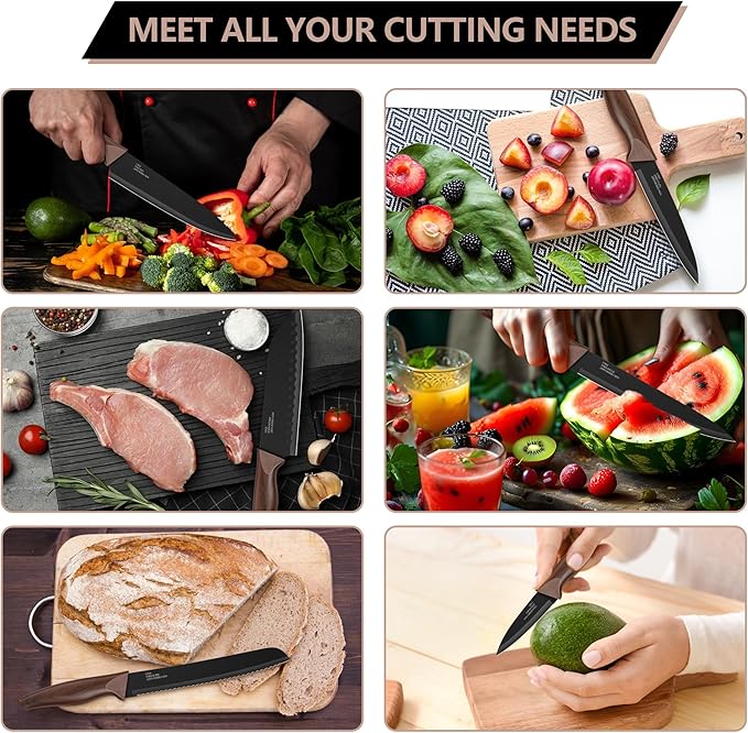 E-far Knife Set with Block, 15 Pieces Kitchen Knife Block Set with Sharpener, High Carbon Stainless Steel Sharp Chef Knife Set with Ergonomic Handles, Anti Rust, Walnut