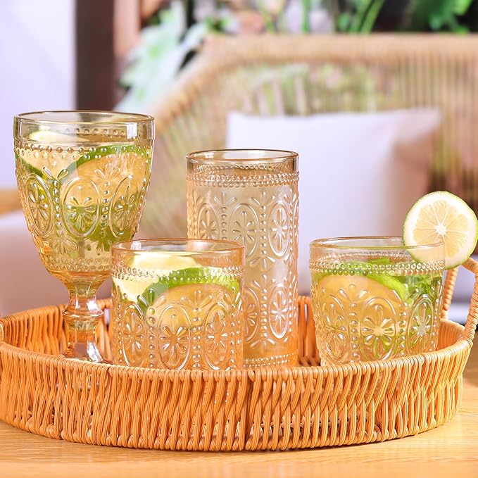 abrwyy Amber Glassware set of 4, Vintage Drinking Glasses, 10oz Heavy Duty Glass Cups, Colored Glassware Set, Embossed Glasses Set for Party Wedding Home Office Gift