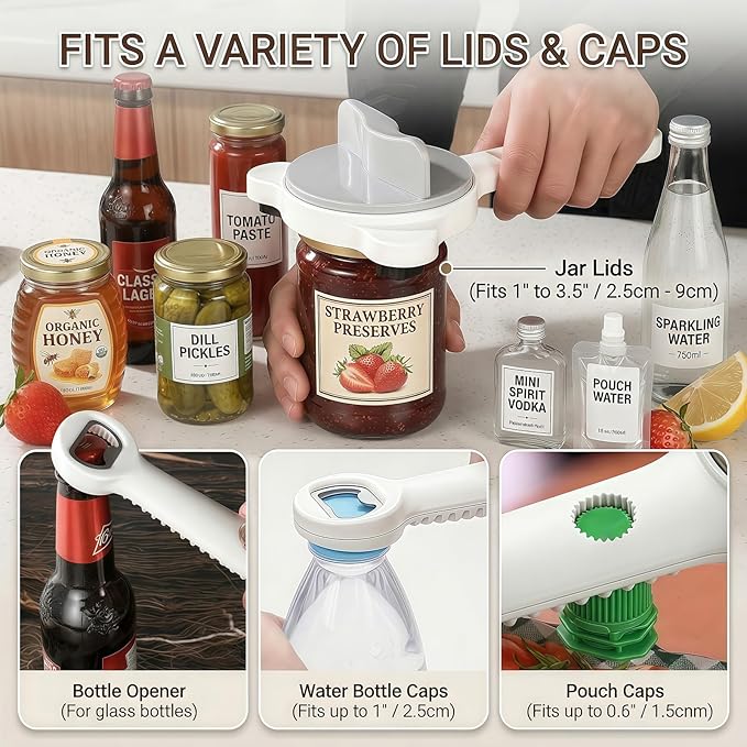 4-in-1 Adjustable Jar Opener for Weak Hands & Seniors — Ergonomic Non-Slip Handle, Multi-Size Lid Remover for Mason Jars, Bottles & Cans (Beige)