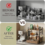 Coffee Station Organizer Countertop, Wooden Coffee Bar Accessories Organizer with Basket, 2 Mug Holder Hooks and Pod Drawer, Multifunctional 2 Tier Countertop Organizer for Kitchen, Bathroom, Office