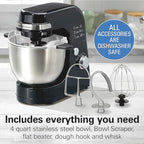 Hamilton Beach Electric Stand Mixer, 4 Quarts, Dough Hook, Flat Beater Attachments, 7 Speeds, Whisk, Stack & Scrape Bowl Scraper, Black