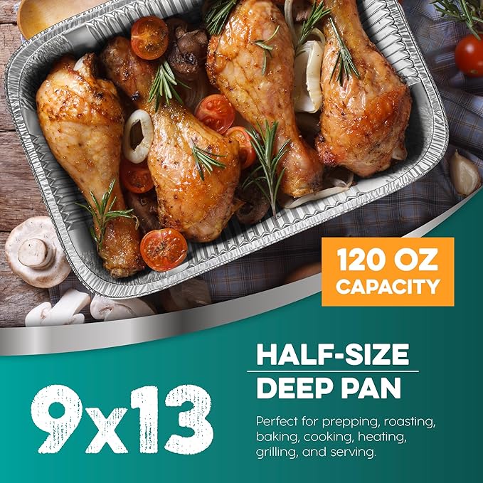 Aluminum Pans 9x13 [10 Pack] Aluminum Foil Trays - Disposable for Baking, BBQ Grilling, Roasting, Cake Serving Dishes, Catering Supplies, Steam Table Chafing Pans, Half Size Tin Foil Pan