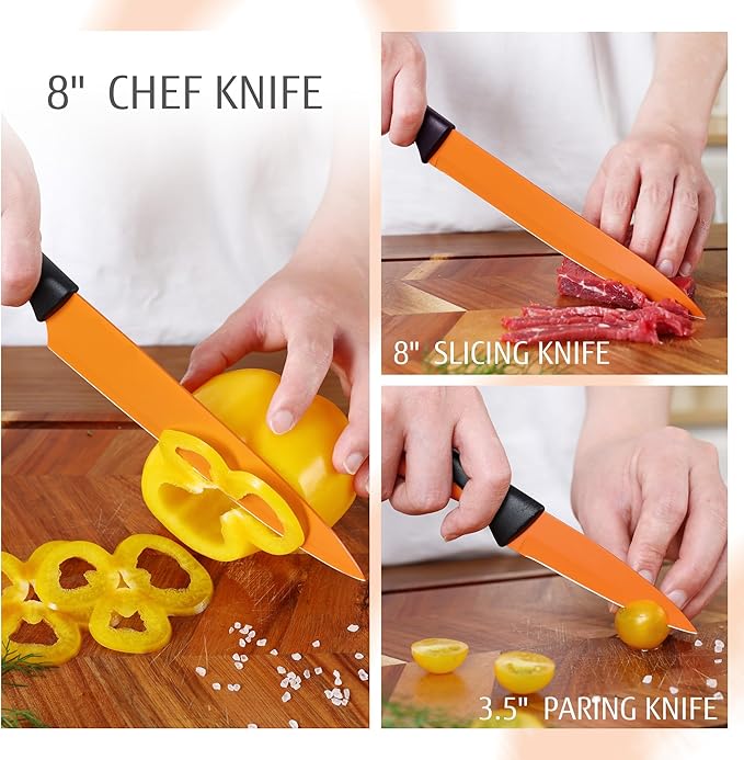 hecef 15 Pieces Kitchen Knife Set with Built-in Sharpening Wooden Block, Dishwasher Safe, High Carbon Stainless Steel Knife Block Set with Steak Knives, Kitchen Scissors (Orange)