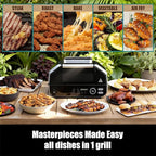 NEWBULIG Electric Grill Outdoor, Electric 8-in-1 BBQ Grills with Air Fryer, Roast, Steak, Broil, Bake, Vegetables, Reheat, Dehydrate, 140°F-450°F, 1550W, for Barbecue, Camping Gatherings