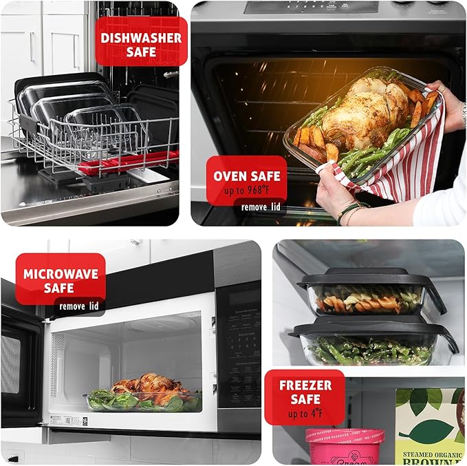 EATEX 8-Piece Deep Glass Casserole Dishes for Oven with Plastic Lids, Glass Baking Dishes for Oven, Rectangular Bakeware for Lasagna, Cooking, Leftovers, Kitchen, Freezer to Oven Dishwasher Safe
