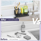 SWTYMIKI Sink Caddy Sponge Holder - Kitchen Sink Organizer with Stainless Steel Self Drain Tray & High Brush Holder for Countertop to Hold Dish Soaps and Sponges, Stainless Steel, Black