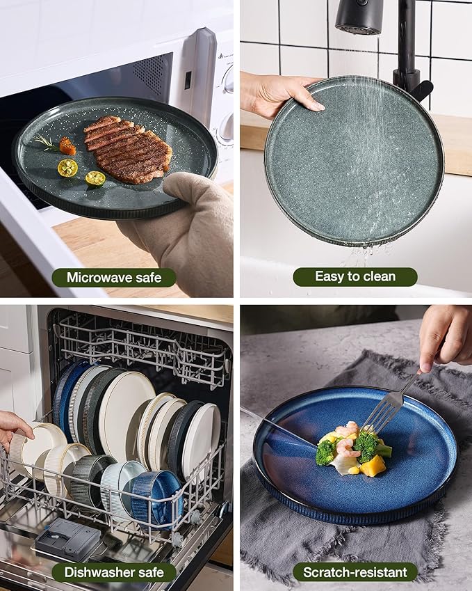 Famiware Star 12-Piece Stoneware Dinnerware Sets for 4, Reactive Glaze Plates and Bowls, Modern Rustic Dishes for Everyday & Formal Use, Chip/Scratch Resistant, Microwave/Dishwasher Safe, Deep Forest