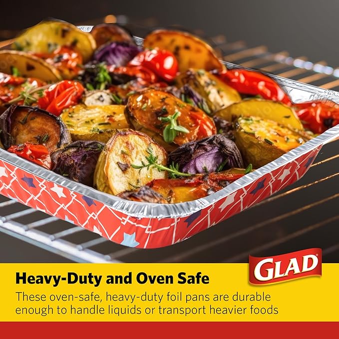 Glad Disposable Aluminum All Purpose Pans in Red, White & Blue Stars, 3ct with Lids - Printed Colorful Foil Steam Pans - 12.5” x 10.2” x 2.16” Aluminum Pan - Disposable Steamware