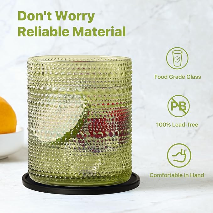 Hobnail Drinking Glasses Set of 12 Count, Vintage Glassware, Old Fashioned Glasses, 6 Highball Bubble Drinking Cups 14.5 oz, 6 Rocks Cups 10 oz with 6 Silicone Coasters, Green