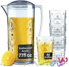 Muldale Plastic Pitcher and Glasses Set with Lid - BPA Free Large Acrylic Jug Set of 5 - Outdoor Water Pitcher Set - Jarra Para Jugo - 77oz Sangria Pitchers