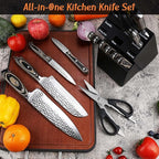 Kitchen Knife Set,15-Piece Knife Set With Block Wooden,Self Sharpening For Chef Knife Set,High Carbon Japan Stainless Steel Hammered Collection Knife Block Set with Steak Knives (Gray)