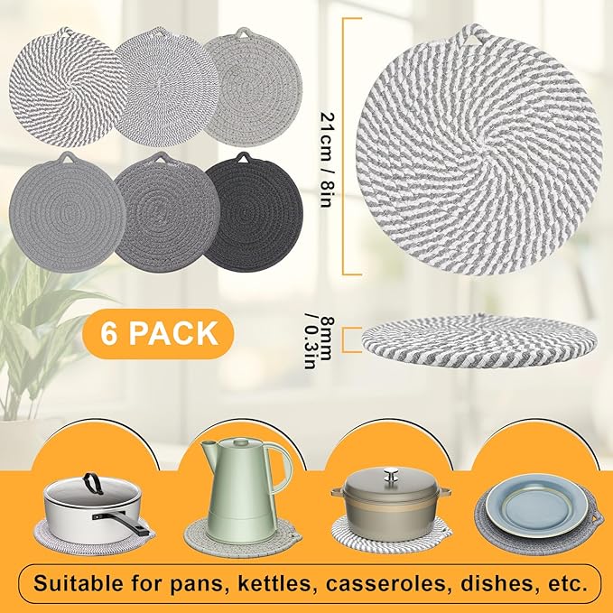 8" Trivets for Hot Dishes, 6 Pack Hot Pads for Kitchen Counter & Dining Table, Heat Resistant | Scratches | Stains Cotton Trivets for Hot Pots and Pans