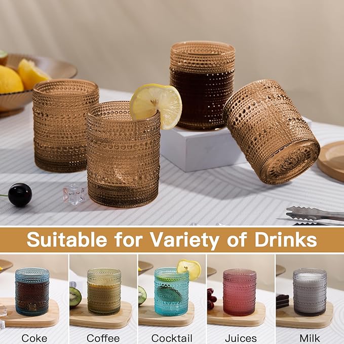 JOVGANK Brown Vintage Hobnail Drinking Glasses Set of 6, Embossed Water Tumbler 12oz, Kitchen & Bar Beaded Glass Cups, Beverage Glass Cups for Water, Beer, Juice, Housewarming and Mother's Day Gift