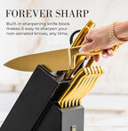 Styled Settings Gold Knife Set with Block & Built-In Sharpener – 14-Piece Full Tang Kitchen Knives Set – Gold Knives Set with Self-Sharpening Block, Titanium Knife Set with Black Block
