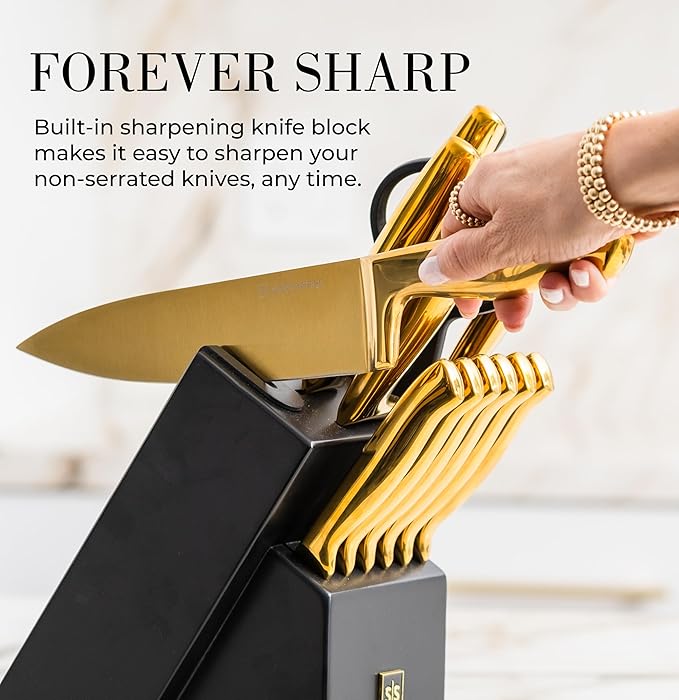 Styled Settings Gold Knife Set with Block & Built-In Sharpener – 14-Piece Full Tang Kitchen Knives Set – Gold Knives Set with Self-Sharpening Block, Titanium Knife Set with Black Block
