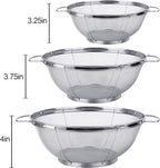 3 Pack 18/8 Stainless Steel Colander Sieves(5-Quart, 4-Quart and 3-Quart), Mesh Strainer Net Baskets with Handles & Resting Base for Strain, Drain, Rinse or Steam