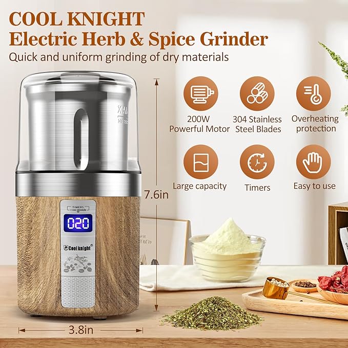 COOL KNIGHT Herb Grinder, Spice Grinder, Electric Grinder with Timer, 304 Stainless Steel Blades and Removable Stainless Steel Bowl, Large Capacity for Quick Grinding of Spices,Herbs,Coffee Beans,etc