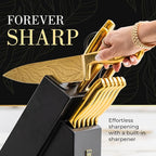 Gold Knife Set For Kitchen -14-Piece Titanium-Coated Blades with Etched Leaves Pattern, Ultra-Sharp Stainless Steel, Durable & Stylish Kitchen Knife Block Set