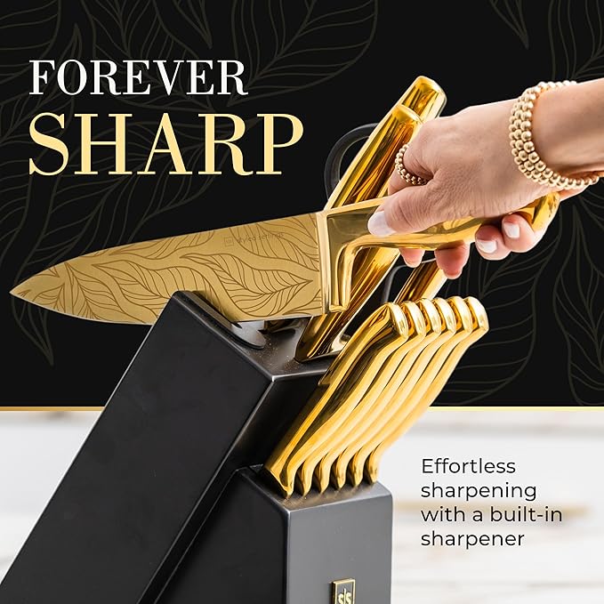 Gold Knife Set For Kitchen -14-Piece Titanium-Coated Blades with Etched Leaves Pattern, Ultra-Sharp Stainless Steel, Durable & Stylish Kitchen Knife Block Set