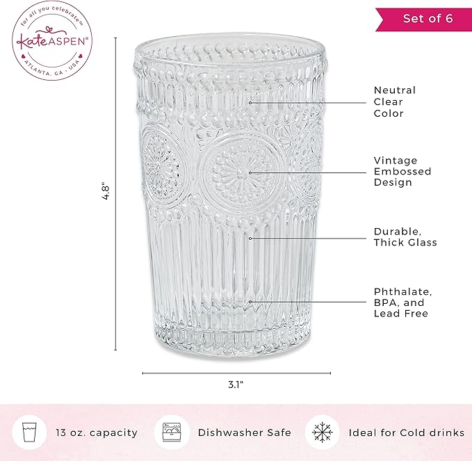 Kate Aspen Vintage Textured Clear Striped Drinking Glasses Set of 6, (13 oz) Ribbed Glassware with Flower Design | Cocktail Set, Glass Cups, Iced Coffee Cup (Pack of 4)