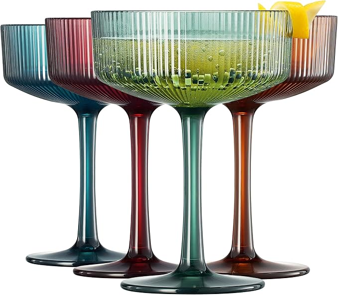Khen Shatterproof Acrylic Ribbed Vintage Art Deco Martini, Champagne & Cocktail Muted Color Plastic Coupe Glasses | Set of 4 | 8 oz Ripple Glassware Classic Cocktail Indoor & Outdoor, European
