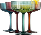 Khen Shatterproof Acrylic Ribbed Vintage Art Deco Martini, Champagne & Cocktail Muted Color Plastic Coupe Glasses | Set of 4 | 8 oz Ripple Glassware Classic Cocktail Indoor & Outdoor, European