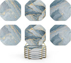 UMIRRO Ceramic Stone Coasters for Drinks Absorbent with Holder for Wooden Coffee Table, Stoneware Cup Coasters for Iced Cold or Hot Drinks, Navy Blue Marble Style, Gold, 4" Set of 6