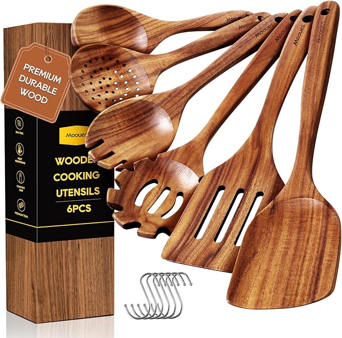 Wooden Spoons for Cooking, 6PCS Teak Wood Cookware Utensil Set with Hooks - Smooth Finish, Non-Stick, Comfortable Grip, Heat Resistant Kitchen Utensils