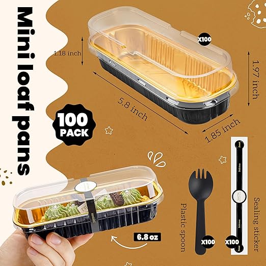 NPLUX 100 Pack Mini Cake Pans with Lids and Spoons Black Gold Rectangular Aluminum Foil Baking Pans Mini Cheesecake Containers(6.8oz)