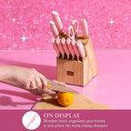 Paris Hilton 12-Piece Knife Set with Block, High-Carbon Stainless Steel Cutlery, Precision Blades and Ergonomic Handles, Pink
