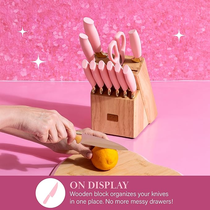 Paris Hilton 12-Piece Knife Set with Block, High-Carbon Stainless Steel Cutlery, Precision Blades and Ergonomic Handles, Pink